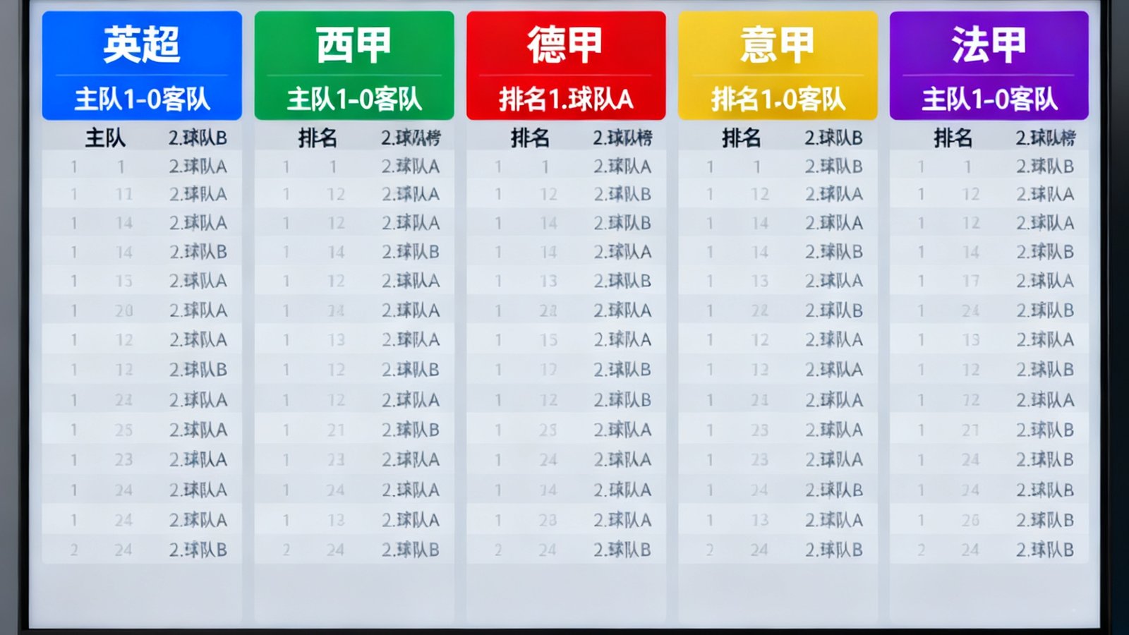 现代风格的数据展示界面，屏幕并列显示英超、西甲、德甲、意甲、法甲五大赛事的实时比分和积分榜，色彩分明信息清晰