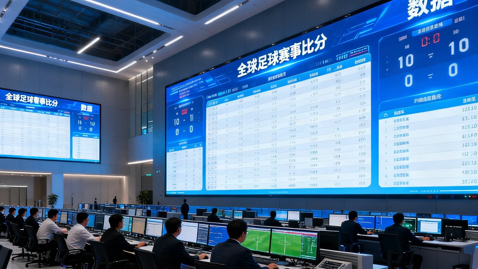 宽敞明亮的现代化数据中心大厅，多块巨型屏幕实时展示全球足球赛事比分和数据，工作人员专注监控比赛进程，氛围专业而紧张