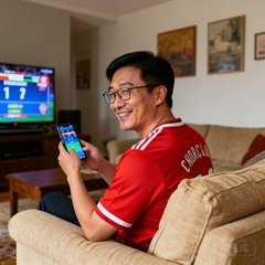 一位戴着眼镜的三十多岁中国男性球迷，穿着红色主队球衣，面带微笑坐在客厅沙发上用手机查看比分