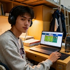 一个二十岁出头的大学生男生，穿着休闲卫衣戴着耳机，坐在大学宿舍的书桌前，笔记本电脑上显示着足球比分页面